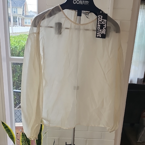 Sheer Cream Long Sleeve Blouse, Large - Picture 2 of 12